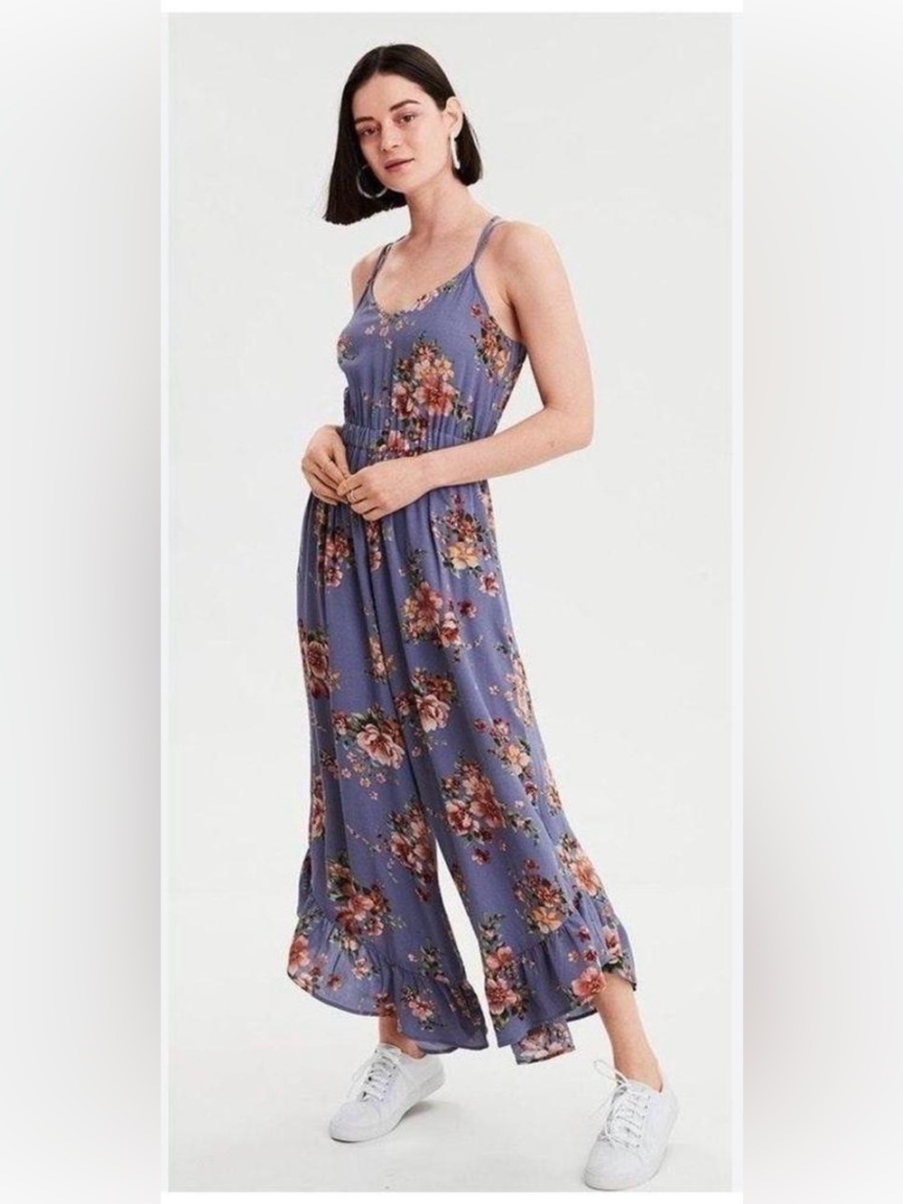 American Eagle Floral Wide Leg Jumpsuit Blue Size Small Short
